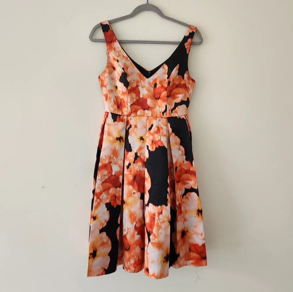 Bardot Floral Pleated A Line Dress Black Orange 4